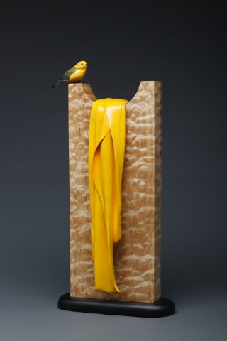 Golden bird on brick wood yellow fabric sculpture